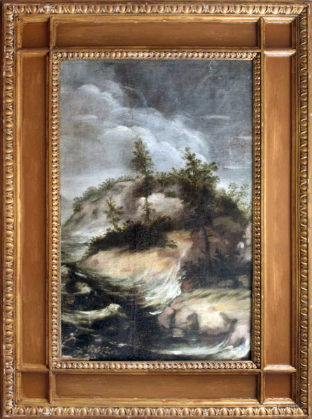 Paesaggio con alberi, olio su tela, fine XVIII sec., cm 47,5 x 74,5, entro cornice.