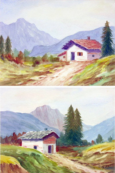 G. Bruno (XX sec.) Coppia di paesaggi montani con casale e alberi, acquarello su carta, ciascuno cm 24x18, fine anni ‘40, firmati