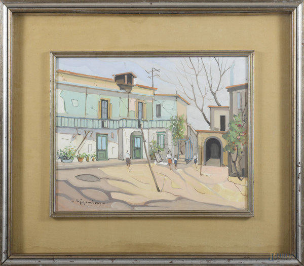 Esterno, XX secolo, acrilico su tela, cm 40x50, firmato in basso a sinistra, entro cornice