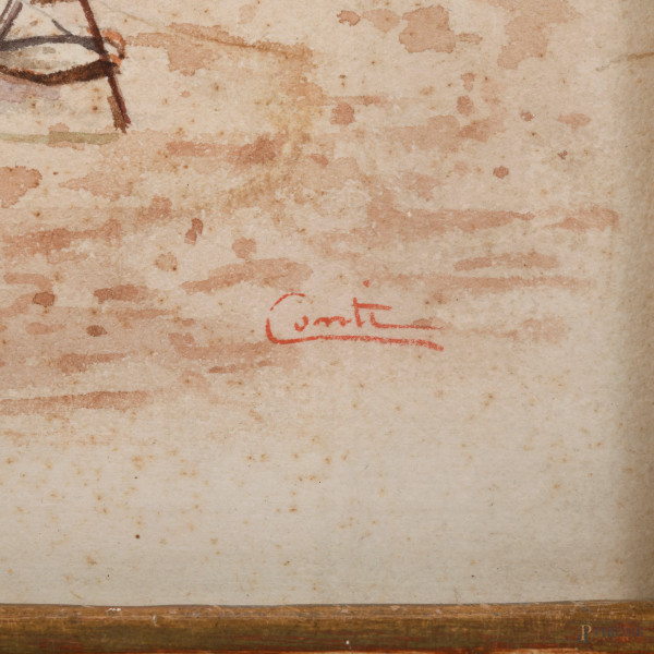Coppia di acquerelli con figure popolari, XX secolo, cm 19,5x12, firmato in basso a destra, entro...