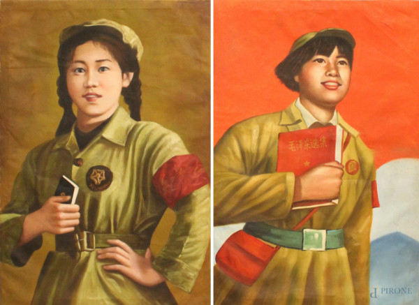 Propaganda cinese, lotto composto da due dipinti a soggetto di studenti, olio su tela, cm. 92x62.