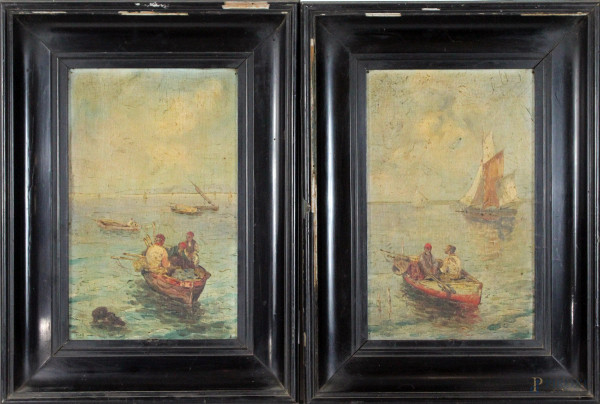 Scuola napoletana, Coppia di marine con imbarcazioni e pescatori, olio su cartone telato, firmate, cm. 32x20, entro cornice.