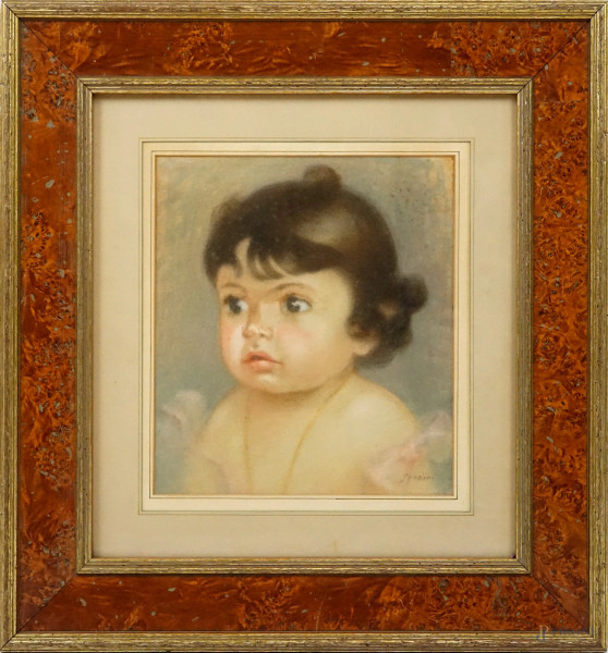 Ritratto di bambina, pastello su carta, cm 30x27, firmato, entro cornice.