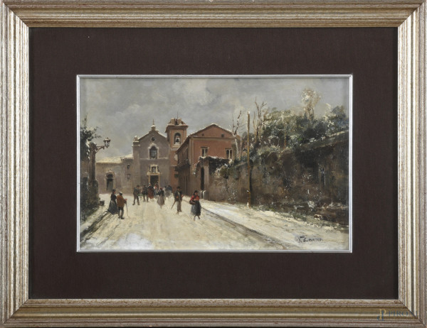 Vincenzo Canino (1892-1978), Strada innevata, olio su tavoletta, cm 22x34, firmato in basso a destra, entro cornice, (supporto lievemente imbarcato)