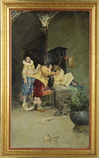 Scena di corteggiamento, olio su tela riportata su cartone, cm 60x34, firmato S. Peluso, entro cornice.