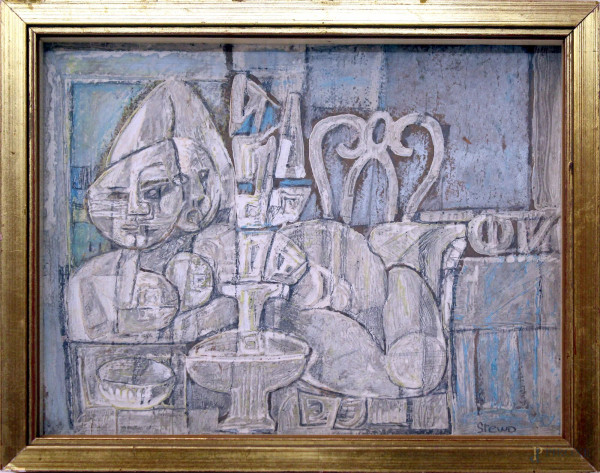 Figure, tecnica mista su cartoncino, cm 21x27, firmato Stewo Nelle, entro cornice.