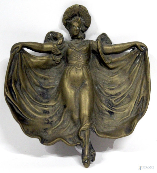 Posacenere in bronzo dorato a forma di figura femminile, cm 17x15, periodo liberty.