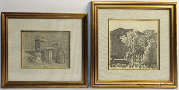 Lotto di due stampe a soggetti di vasellami e paesaggio 24x24 - 18x22 cm, firmato 1928 entro cornici.