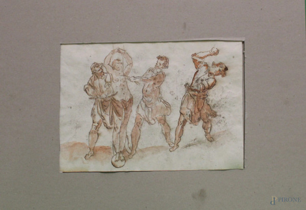 La tortura della strega, antico bozzetto a tecnica mista su carta, 21,5x30,5 cm.