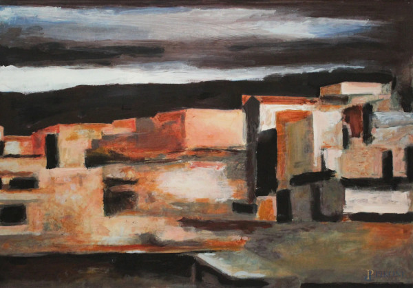 Salvatore Magazzini - Case, tecnica mista su cartone, 100x140 cm, entro cornice