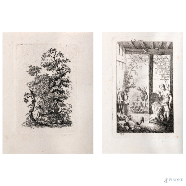 Salomon Gessner  (1730 – 1788) Coppia di incisioni di soggetto mitologico, misure massime foglio cm 19,5x18,5, (segni di usura, foxing)