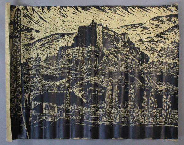 Veduta di paese con castello, xilografia, cm.48x65, siglata, XX secolo, (difetti).