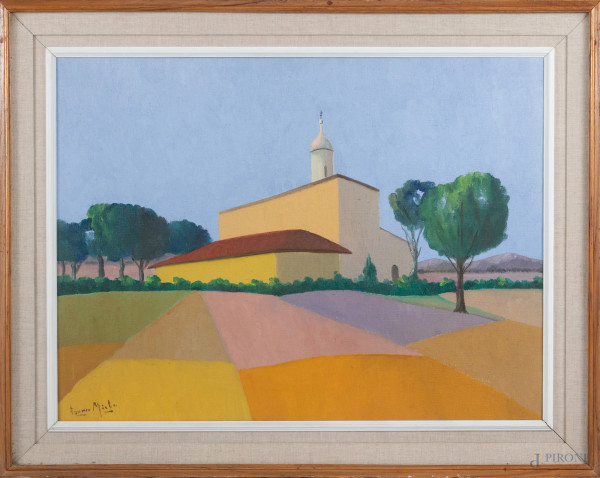 Franco Miele (1924 - 1983), Paesaggio con chiesa, olio su tela, firmato in basso a destra, cm 60x80, entro cornice