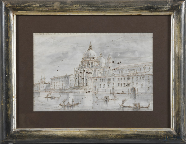 Scorcio di laguna, XIX-XX secolo, disegno a tecnica mista su carta, cm 16,5x25, entro cornice, (segni di usura, ondulazioni della carta, foxing, macchie di inchiostro, vetro rotto)