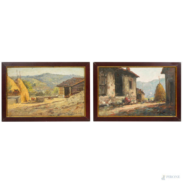 Ferruccio Rontini - Scorci di fattoria, coppia di dipinti, cm 26x40,5 e cm 26x41, firmati e datati rispettivamente "43" e "44" in basso a destra, entro cornice. (Difetti)