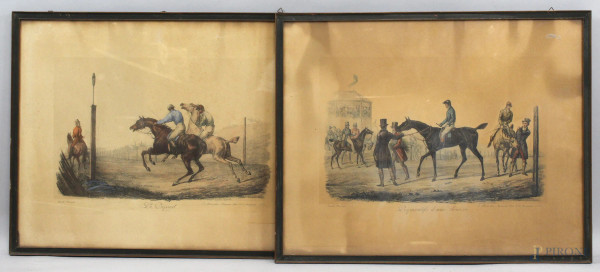 Due stampe a colori raffiguranti La partenza e Preparativi di una gara da Carle Vernet (1758-1836), cm 49x62,5, XIX secolo, entro cornici.