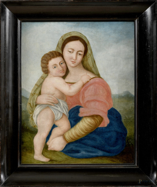 Madonna con Bambino, XX secolo, olio su tela, cm 38x30, entro cornice, (lievi segni di usura)