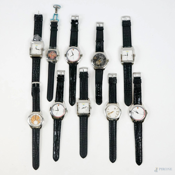 Lotto di dieci orologi da polso da uomo, marchi diversi, lunghezza cm 24,5, (segni del tempo, meccanismi da revisionare).