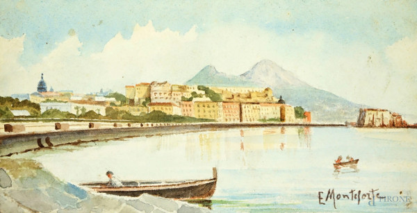 Scorcio del golfo di Napoli, acquarello su carta, cm 8,5x16,5, firmato.