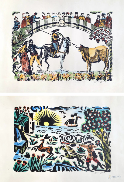 Coppia di xilografie acquarellate a mano raffiguranti tauromachia e caccia al cervo, ciascuna cm 35x50, firmate