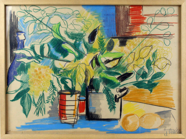 Raffaele Leomporri - Vaso con fiori, pastello a cera su cartone, cm 48x65, datato 1958, entro cornice