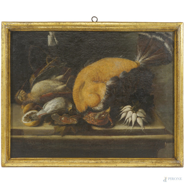 Giacomo Nani - Natura morta con cacciagione, ravanelli e limone, olio su tela, cm 49,5x62,7, entro cornice