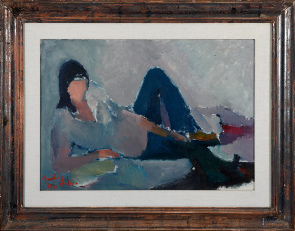 Donna sdraiata, XX secolo, olio su tela, cm 50x70 entro cornice, firmato e datato in basso a sinistra