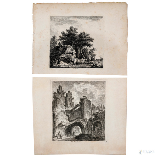 Weirotter Franz Edmund  ( 1730 -  1771) Lotto di due acqueforti dalla serie "Viaggi in Italia", misure massime foglio cm 20x27, (segni di usura, tracce di umidità, piccole lacerazioni ai margini)