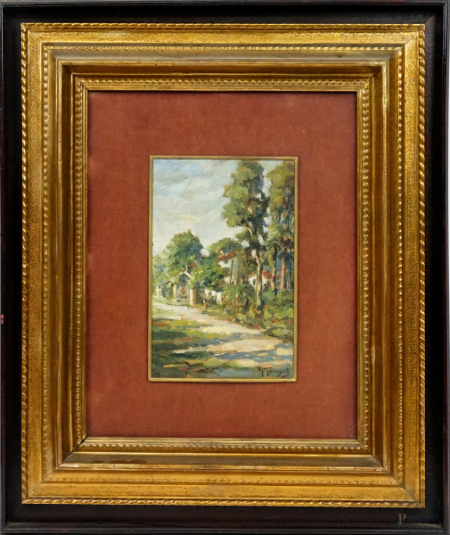 Alessandro Monsagrati - Paesaggio con case, olio su tavola, cm 22,5x14,5, firmato, entro cornice