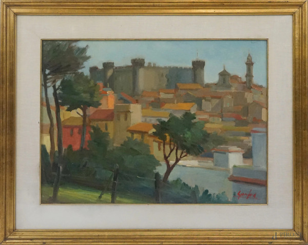 Ortensio Gionfra - Borgo, olio su cartone telato, cm 50x70, entro cornice.