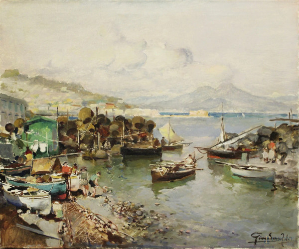 Giordano Felice - Costa con imbarcazioni, dipinto ad olio su tela, cm 50 x 60.