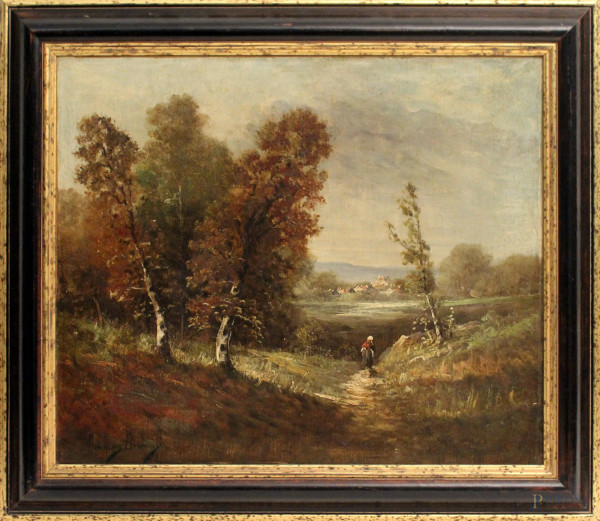 Paesaggio con figura, olio su tela, cm. 45x55, firmato, entro cornice.