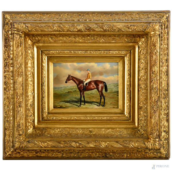 Giocatore di polo , olio su tavoletta, XX secolo, firmato in basso a destra, cm 11,5x16 entro cornice