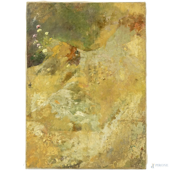 Rocce con fiori, olio su tela, firmato, cm 21x29