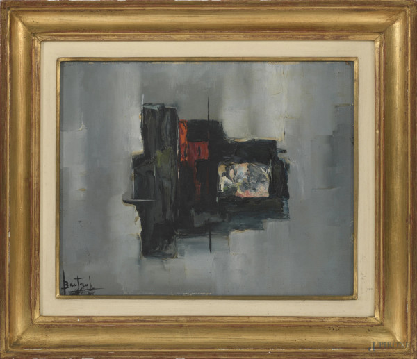 Composizione astratta, olio su tela, XX secolo, firmato in basso a sinistra, cm 24x30