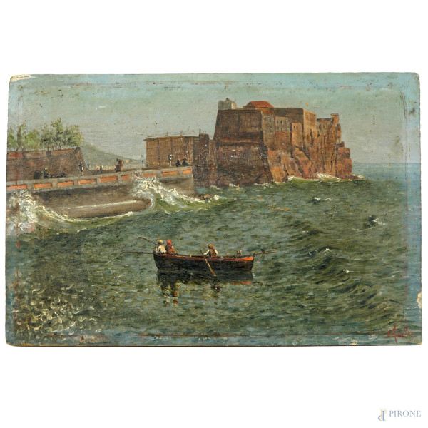 Castel dell'Ovo, olio su tavoletta, firmato in basso a destra A. Centro, cm 20x30, (difetti)