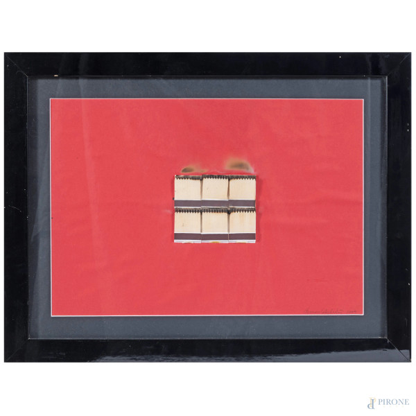 Bernard Aubertin (1934-2015), Dessin de Feu papel rogue, 2009, fiammiferi bruciati su carta rossa, cm 35x50