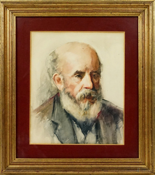 Ritratto d'uomo con barba, acquarello su carta, cm 27x22,5, circa, XX secolo, entro cornice.