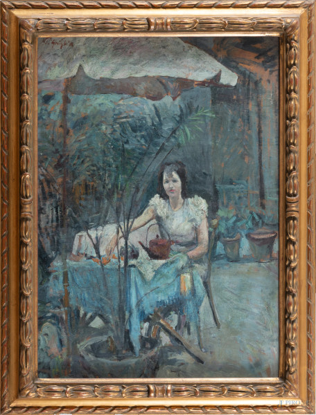 Paulo Ghiglia (1905-1979), L'ora del the, XX secolo, olio su compensato, cm ,70x50, firmato in alto a sinistra, entro cornice, (segni di usura, fessurazioni del supporto)