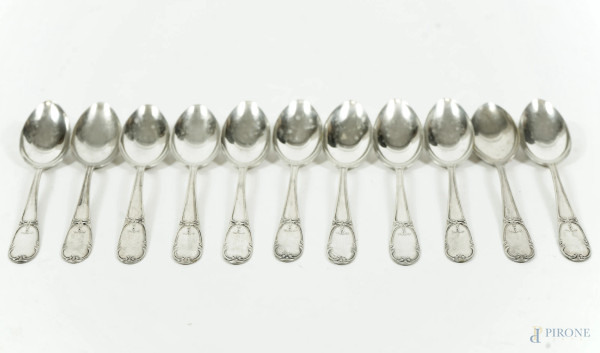 Sei cucchiaini in argento, Fabbrica Argenteria Clementi Dì Giovanni Mantel & C. S.P.A., Bolli con fascio littorio, lunghezza cm 10,5, peso gr. 80,3