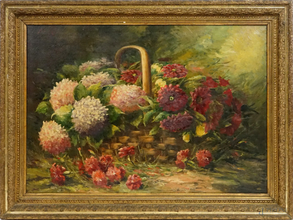 Natura morta con cesta di fiori, olio su tela, fine XIX secolo, firmato in alto a sinistra, cm 73,5x100 (entro cornice)