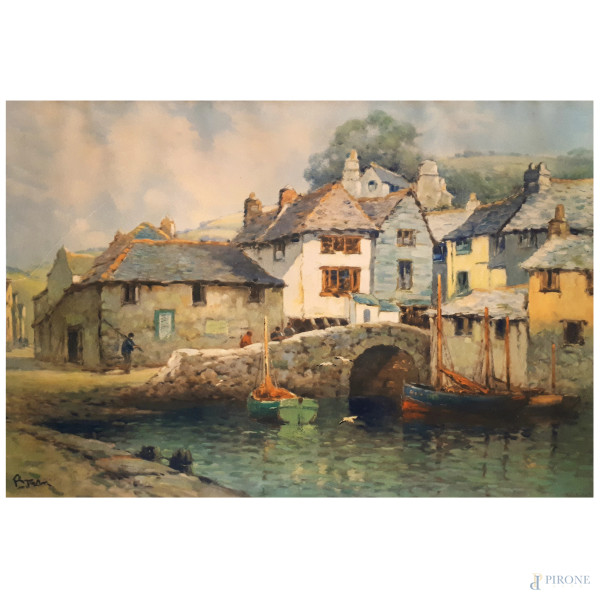 Artista cornovagliese del Novecento, Il Ponte di Polperro, rarissima cromolitografia edita nel 1942 da Frost&Reed - Londra, cm 38x55
