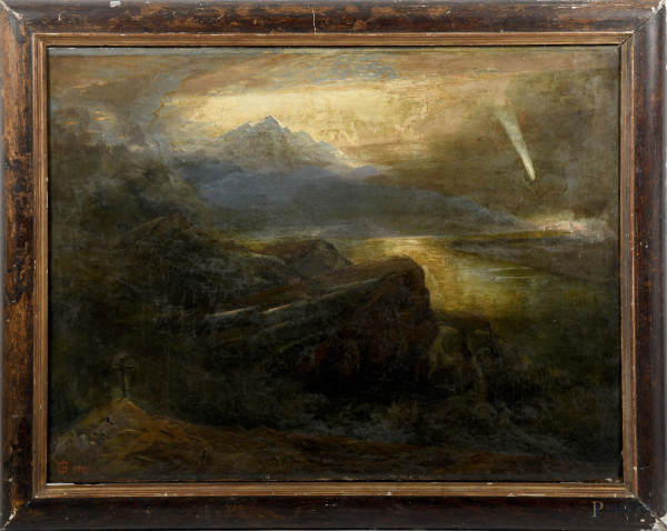 Paesaggio con croce e cometa, olio su tela, siglato e datato "1906" in basso a sinistra, entro cornice