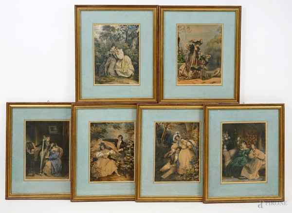 Sei stampe acquerellate raffiguranti scene galanti e personaggi in abiti alla moda, cm 24,5x19 circa, XIX secolo, entro cornici, (difetti sulla carta).
