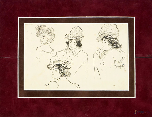Studio di figure, penna su carta, cm 15,5x22,5, firmato P. Scoppetta, (difetti)