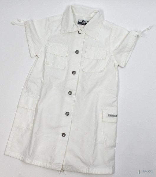 Superga, vestito da bambina bianco, colletto e maniche corte,  due taschini e due tasche, chiusura con bottoni, taglia 2 anni, (macchia).