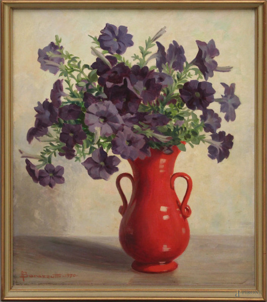 Arturo Barazzutti - Natura morta con vaso e fiori, olio su tela, cm 55x45, datato, entro cornice.