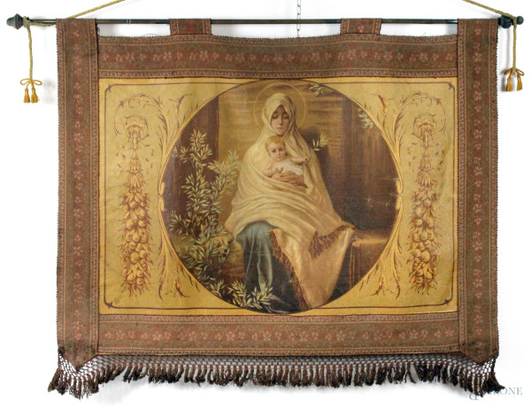 Stendardo a succo d&#39;erba raffigurante la Madonna dell&#39;Ulivo, cm. 76x107, inizi XX secolo
