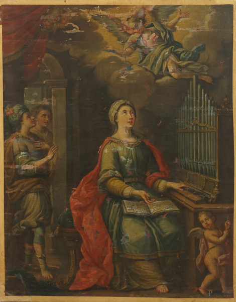 Scuola dell'Italia centrale del XVIII secolo, Santa Cecilia, olio su tela, cm 85,5x66 (difetti e lacune)