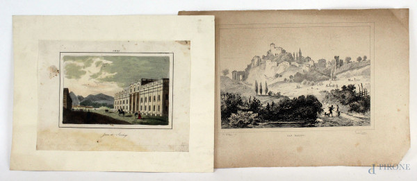 Lotto di due stampe raffiguranti veduta della Rocca di San Marino e Zecca di Santiago, misure max cm 19,5x28,5, XIX secolo, (difetti e macchie).
